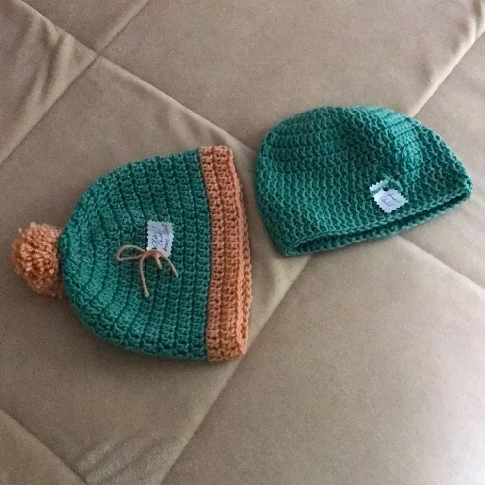 Pair of Handmade Knit Kids Winter Hats Pompom Coral and Teal Color Block